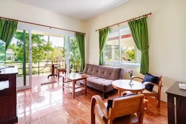 Seating area with large windows onto the garden, Green Heaven Bungalows, Ang Thong, Koh Samui